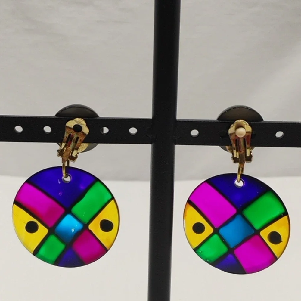 Vintage Stained Glass Plastic Clip On Earrings Neon Retro Boho - Picture 2 of 6